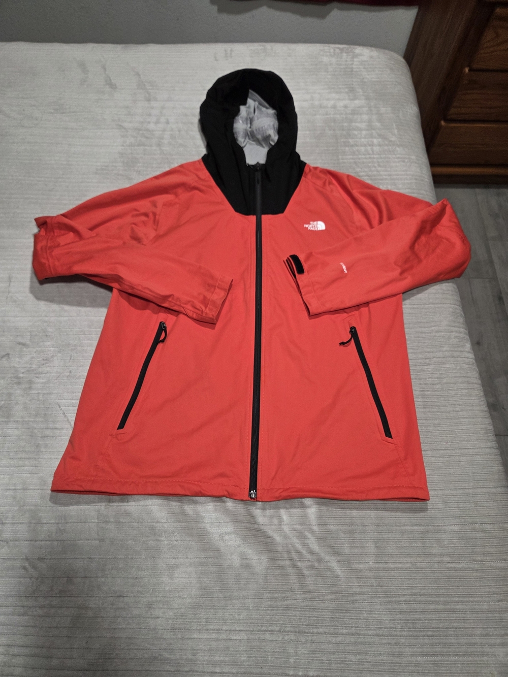 The North Face Men's Red Hooded Rain Jacket with Black Hood